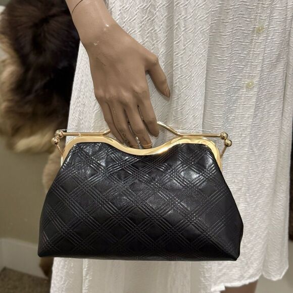 Black Quilted Genuine Lambskin  Double Kisslock Top Handle Bag & 2 Chain Styles - Picture 4 of 12